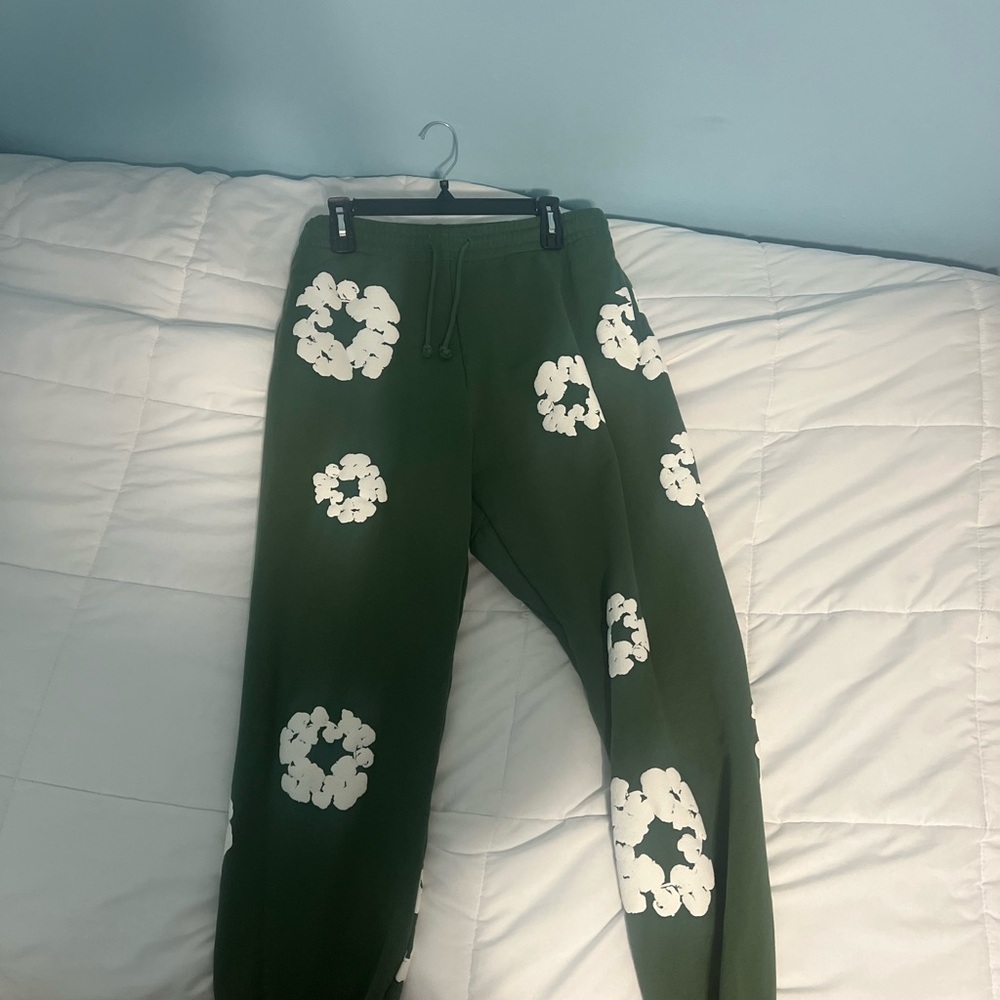 Green Sweatpants with White Floral Design